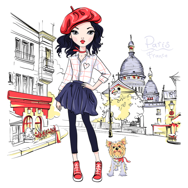 Ilustração de uma jovem estilosa em Paris, vestindo uma camisa xadrez, saia rodada e um chapéu beret vermelho, acompanhada de um cachorro Yorkshire. Ao fundo, destacam-se os icônicos edifícios parisienses e a Basílica de Sacré-Cœur.