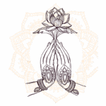 Ilustração de mãos em posição de oração segurando uma flor de lótus, com um fundo decorativo em estilo mandala. A arte simboliza paz, espiritualidade e devoção.