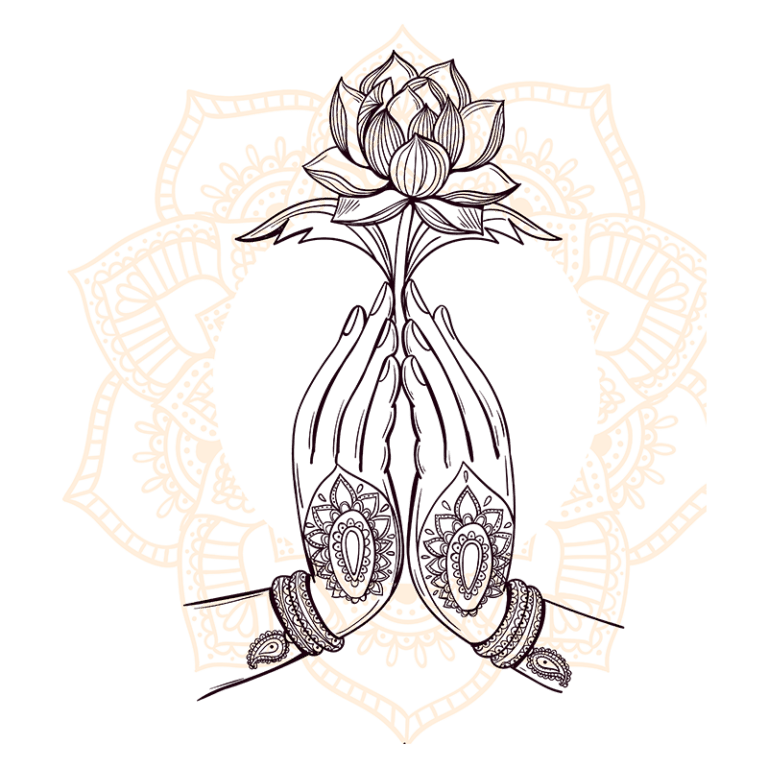 Ilustração de mãos em posição de oração segurando uma flor de lótus, com um fundo decorativo em estilo mandala. A arte simboliza paz, espiritualidade e devoção.