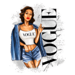 Ilustração de mulher estilosa usando camiseta da Vogue e shorts, com um casaco azul sobre os ombros, retratando uma pose confiante e moderna, destacando tendências de moda e beleza.