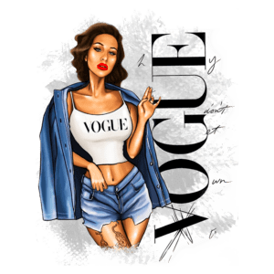 Ilustração de mulher estilosa usando camiseta da Vogue e shorts, com um casaco azul sobre os ombros, retratando uma pose confiante e moderna, destacando tendências de moda e beleza.