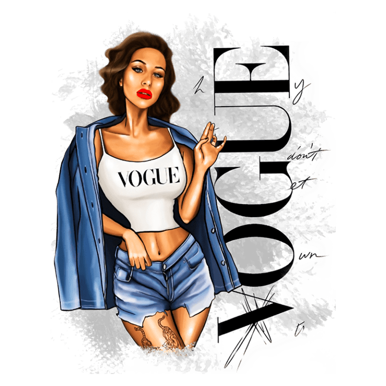 Ilustração de mulher estilosa usando camiseta da Vogue e shorts, com um casaco azul sobre os ombros, retratando uma pose confiante e moderna, destacando tendências de moda e beleza.