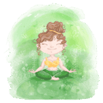 Ilustração de uma menina meditando em um campo verde, cercada por flores e borboletas, transmitindo uma sensação de paz e tranquilidade. A personagem usa um top amarelo e calças verdes, com um sorriso sereno no rosto.