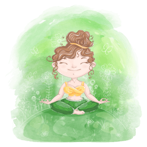 Ilustração de uma menina meditando em um campo verde, cercada por flores e borboletas, transmitindo uma sensação de paz e tranquilidade. A personagem usa um top amarelo e calças verdes, com um sorriso sereno no rosto.