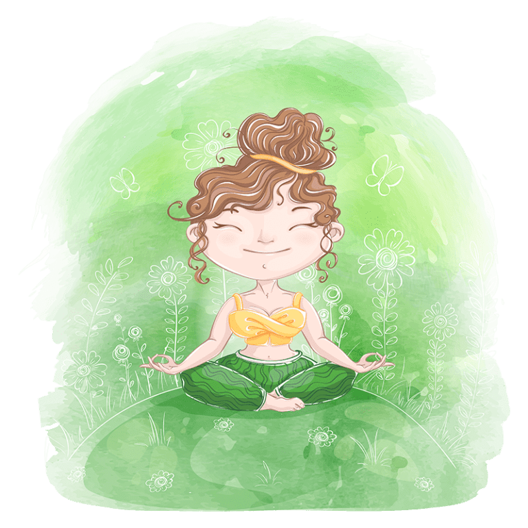 Ilustração de uma menina meditando em um campo verde, cercada por flores e borboletas, transmitindo uma sensação de paz e tranquilidade. A personagem usa um top amarelo e calças verdes, com um sorriso sereno no rosto.