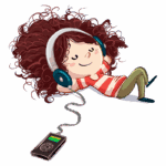 Ilustração de uma menina com cabelo cacheado usando fones de ouvido, relaxando enquanto ouve música em um aparelho de som portátil.