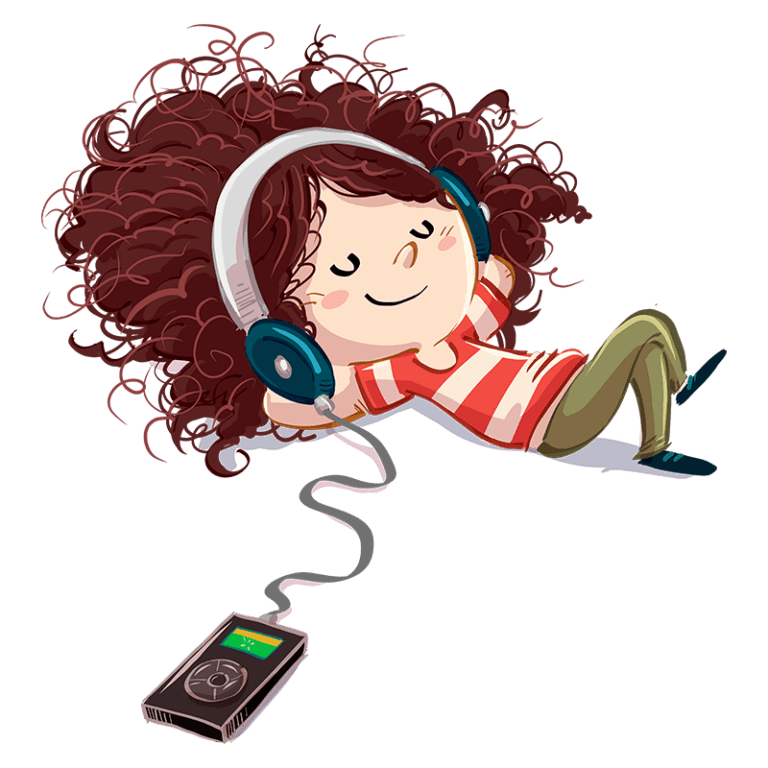 Ilustração de uma menina com cabelo cacheado usando fones de ouvido, relaxando enquanto ouve música em um aparelho de som portátil.