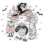 Ilustração de uma bruxa com cabelo rosa e chapéu, acompanhada por uma coruja e um gato, segurando uma bola de cristal e cartas de tarô, em um cenário temático de Halloween com morcegos e estrelas.