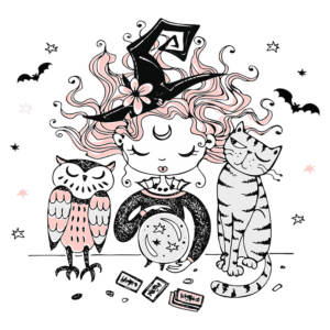 Ilustração de uma bruxa com cabelo rosa e chapéu, acompanhada por uma coruja e um gato, segurando uma bola de cristal e cartas de tarô, em um cenário temático de Halloween com morcegos e estrelas.