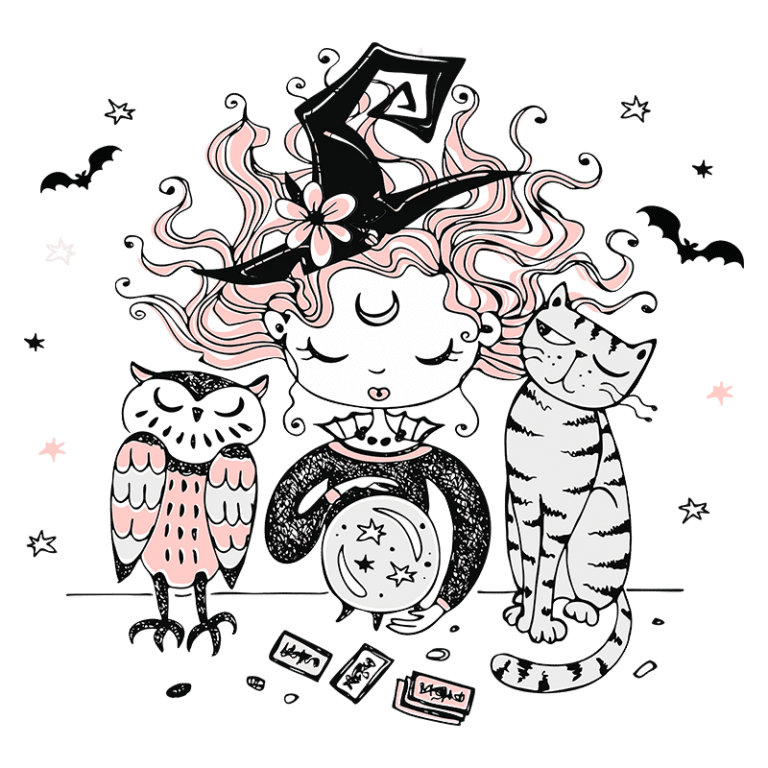 Ilustração de uma bruxa com cabelo rosa e chapéu, acompanhada por uma coruja e um gato, segurando uma bola de cristal e cartas de tarô, em um cenário temático de Halloween com morcegos e estrelas.