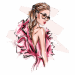 Ilustração de mulher elegante com cabelo longo e ondulado, usando óculos de sol e um vestido rosa esvoaçante, destacando estilo e sofisticação.