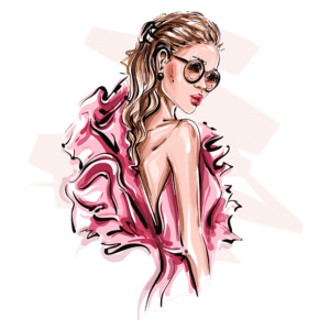 Ilustração de mulher elegante com cabelo longo e ondulado, usando óculos de sol e um vestido rosa esvoaçante, destacando estilo e sofisticação.