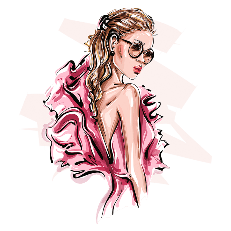 Ilustração de mulher elegante com cabelo longo e ondulado, usando óculos de sol e um vestido rosa esvoaçante, destacando estilo e sofisticação.