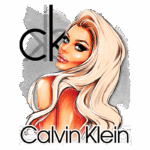 Ilustração de mulher com cabelo loiro e maquiagem marcante, ao lado do logotipo da Calvin Klein em uma composição moderna e estilizada.