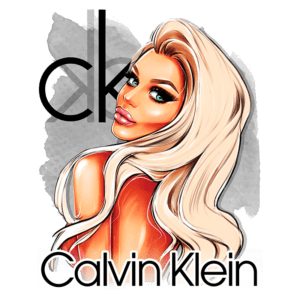 Ilustração de mulher com cabelo loiro e maquiagem marcante, ao lado do logotipo da Calvin Klein em uma composição moderna e estilizada.