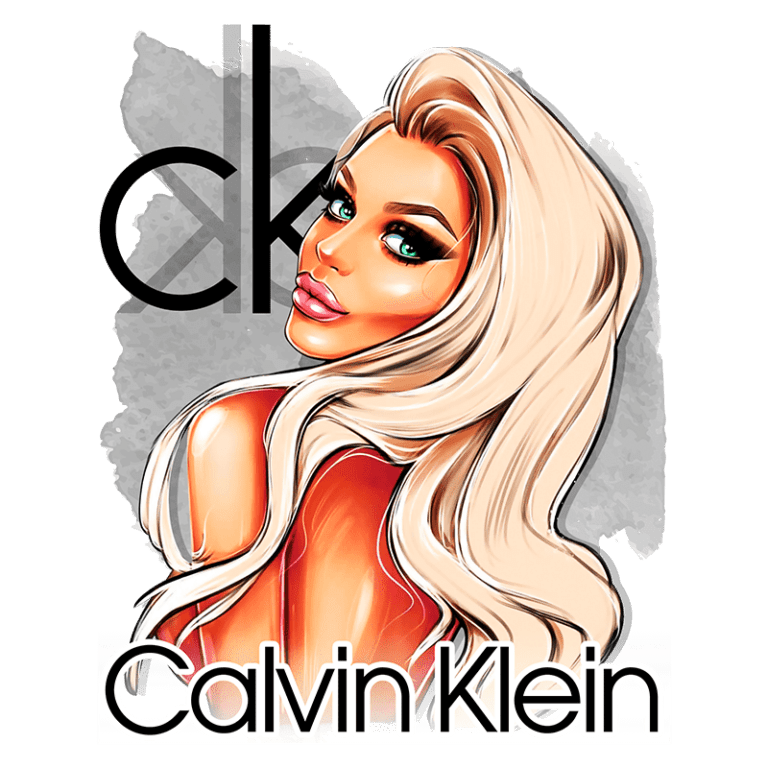 Ilustração de mulher com cabelo loiro e maquiagem marcante, ao lado do logotipo da Calvin Klein em uma composição moderna e estilizada.