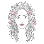 Ilustração de uma mulher com flores coloridas no cabelo, olhar azul e batom rosa. Desenho artístico detalhado focado na beleza feminina e elementos naturais. Ideal para temas de natureza, beleza e arte.