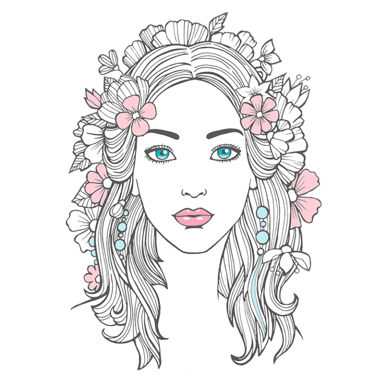 Ilustração de uma mulher com flores coloridas no cabelo, olhar azul e batom rosa. Desenho artístico detalhado focado na beleza feminina e elementos naturais. Ideal para temas de natureza, beleza e arte.