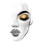 Ilustração de um rosto feminino com maquiagem glamourosa, destacando olhos realçados com glitter dourado e cílios volumosos, ideal para inspiração de beleza e maquiagem.