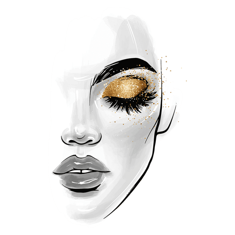 Ilustração de um rosto feminino com maquiagem glamourosa, destacando olhos realçados com glitter dourado e cílios volumosos, ideal para inspiração de beleza e maquiagem.