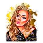 Retrato ilustrado de uma mulher com cabelo longo e ondulado, usando uma coroa brilhante, sobre um fundo amarelo. O nome "Dolce Gabbana" está estilizado em letras cursivas na parte inferior da imagem.