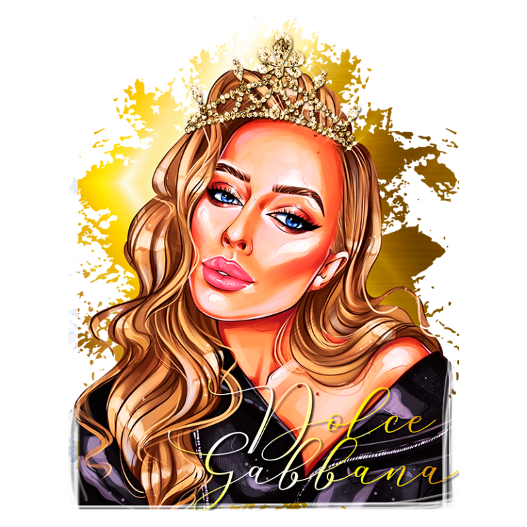 Retrato ilustrado de uma mulher com cabelo longo e ondulado, usando uma coroa brilhante, sobre um fundo amarelo. O nome "Dolce Gabbana" está estilizado em letras cursivas na parte inferior da imagem.