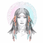 Ilustração de uma mulher com cabelos longos, adornada com penas coloridas e uma tiara, contra um fundo com um padrão circular suave. A arte destaca elementos culturais e a beleza feminina.