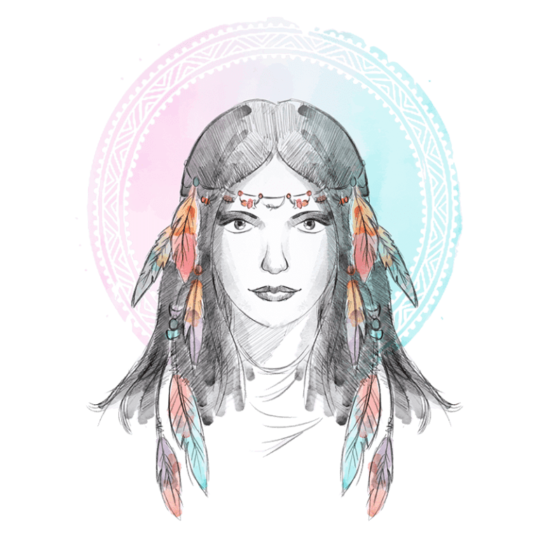 Ilustração de uma mulher com cabelos longos, adornada com penas coloridas e uma tiara, contra um fundo com um padrão circular suave. A arte destaca elementos culturais e a beleza feminina.