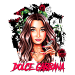 Ilustração de uma mulher com cabelo ondulado e maquiagem, segurando um batom, com flores ao fundo e o logotipo da Dolce & Gabbana em destaque.