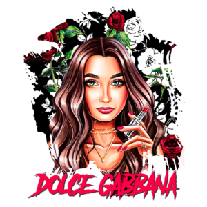 Ilustração de uma mulher com cabelo ondulado e maquiagem, segurando um batom, com flores ao fundo e o logotipo da Dolce & Gabbana em destaque.