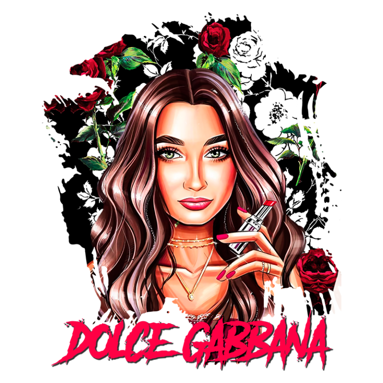 Ilustração de uma mulher com cabelo ondulado e maquiagem, segurando um batom, com flores ao fundo e o logotipo da Dolce & Gabbana em destaque.