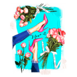 Imagem estilizada de pernas femininas usando sapatos de salto alto rosa, cercadas por buquês de rosas cor-de-rosa. O fundo é azul vibrante e contém a frase "I love it" em várias partes. A composição destaca a moda e a beleza.