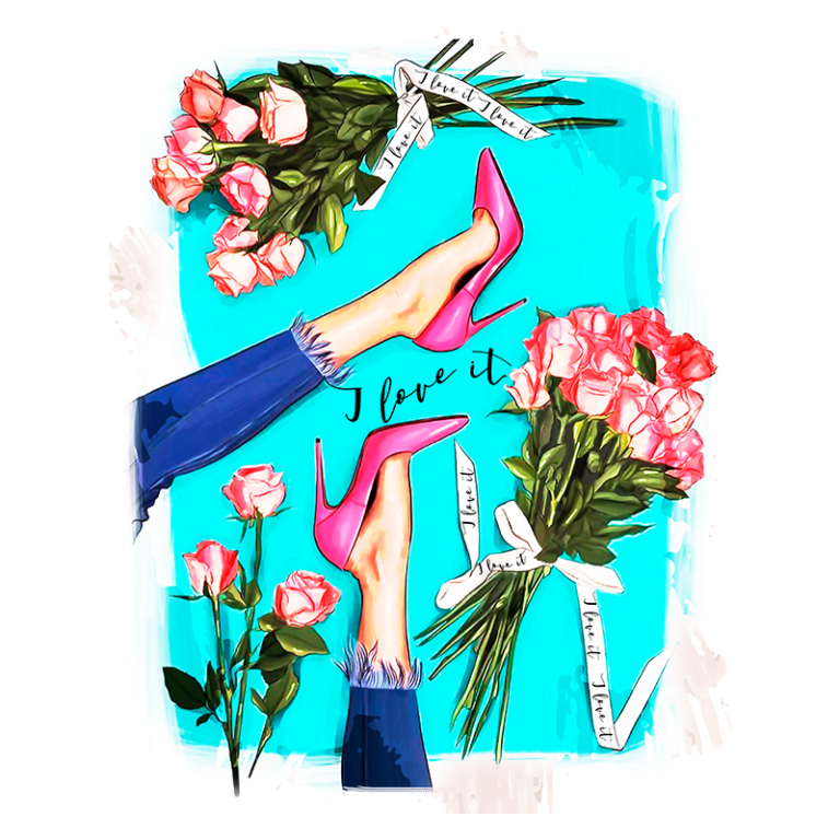 Imagem estilizada de pernas femininas usando sapatos de salto alto rosa, cercadas por buquês de rosas cor-de-rosa. O fundo é azul vibrante e contém a frase "I love it" em várias partes. A composição destaca a moda e a beleza.