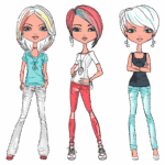 Três mulheres estilizadas com diferentes penteados e roupas modernas, posando em um fundo verde. A primeira usa uma camiseta azul e calças brancas, a segunda veste uma camiseta branca e calças vermelhas, e a terceira está com uma blusa preta e calças azuis.