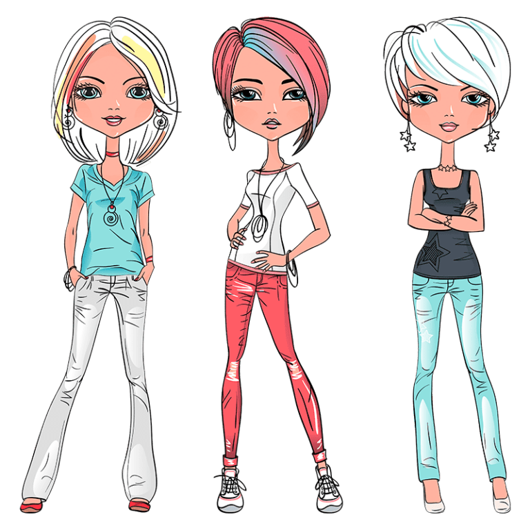 Três mulheres estilizadas com diferentes penteados e roupas modernas, posando em um fundo verde. A primeira usa uma camiseta azul e calças brancas, a segunda veste uma camiseta branca e calças vermelhas, e a terceira está com uma blusa preta e calças azuis.