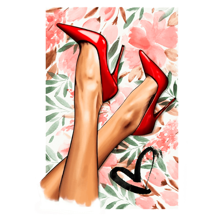 Pés femininos usando sapatos de salto alto vermelhos, sobre fundo floral com folhas verdes e flores em tons de rosa.