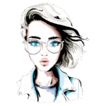 Ilustração de uma jovem mulher com cabelo curto e loiro, usando óculos grandes e um jeans branco. O fundo é verde, destacando seu olhar intenso e expressivo. A personagem reflete um estilo moderno e contemporâneo.