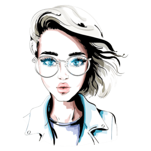 Ilustração de uma jovem mulher com cabelo curto e loiro, usando óculos grandes e um jeans branco. O fundo é verde, destacando seu olhar intenso e expressivo. A personagem reflete um estilo moderno e contemporâneo.