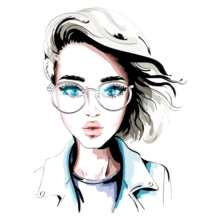 Ilustração de uma jovem mulher com cabelo curto e loiro, usando óculos grandes e um jeans branco. O fundo é verde, destacando seu olhar intenso e expressivo. A personagem reflete um estilo moderno e contemporâneo.