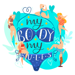Imagem colorida com diversas mulheres em trajes de banho e a frase "my body, my rules". As ilustrações representam a diversidade corporal e a autoaceitação, destacando a importância de celebrar diferentes formas e tamanhos. Background em azul com elementos decorativos em formas de folhas e corações.
