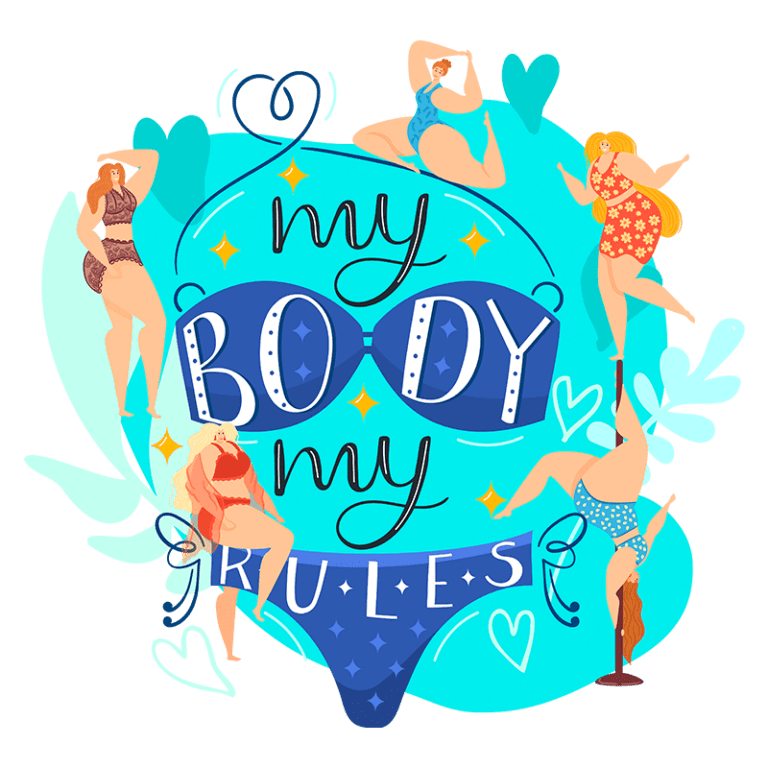 Imagem colorida com diversas mulheres em trajes de banho e a frase "my body, my rules". As ilustrações representam a diversidade corporal e a autoaceitação, destacando a importância de celebrar diferentes formas e tamanhos. Background em azul com elementos decorativos em formas de folhas e corações.