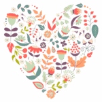 Coração formado por flores coloridas e folhas, representando amor e natureza em estilo ilustrativo. Ideal para temas de jardinar e decoração.