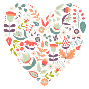 Coração formado por flores coloridas e folhas, representando amor e natureza em estilo ilustrativo. Ideal para temas de jardinar e decoração.