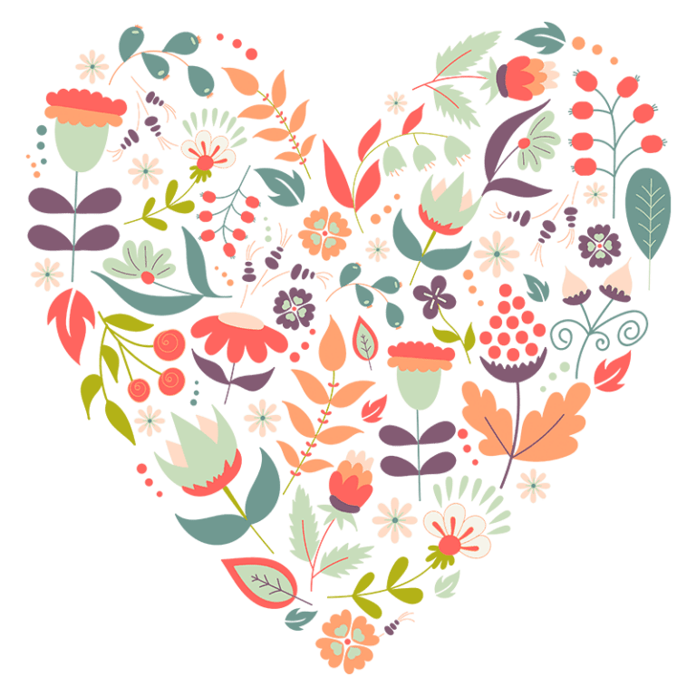 Coração formado por flores coloridas e folhas, representando amor e natureza em estilo ilustrativo. Ideal para temas de jardinar e decoração.