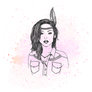 Ilustração de uma mulher com cabelo solto e faixa na cabeça, adornada com penas, em um fundo aquarelado rosa. A figura apresenta um estilo artístico minimalista, destacando uma camisa de botão e detalhes étnicos.