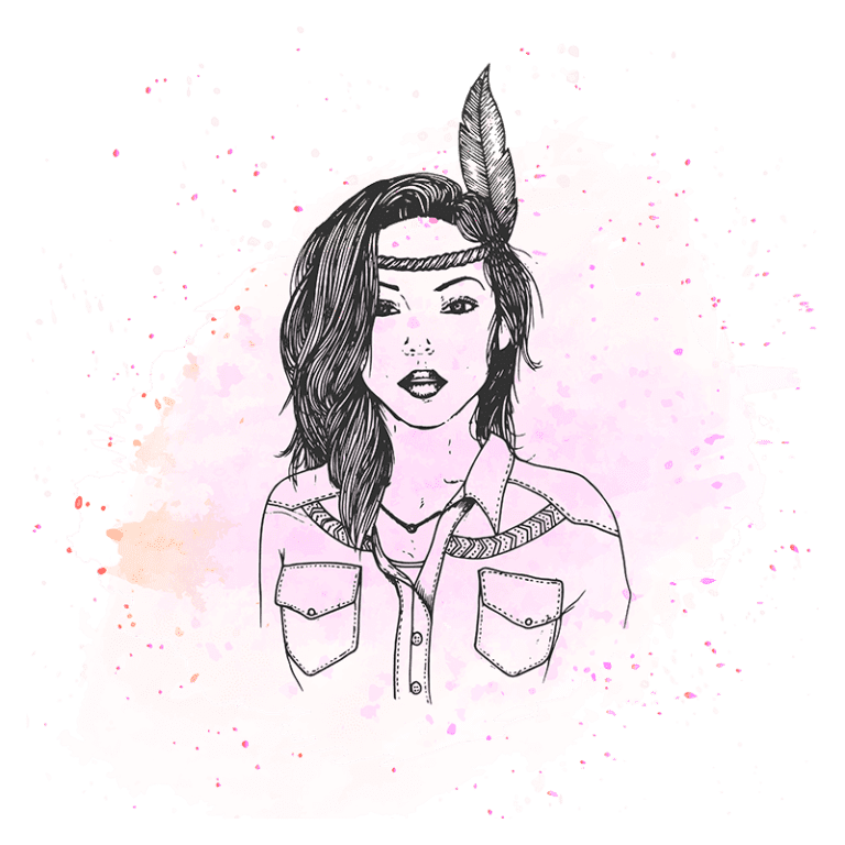 Ilustração de uma mulher com cabelo solto e faixa na cabeça, adornada com penas, em um fundo aquarelado rosa. A figura apresenta um estilo artístico minimalista, destacando uma camisa de botão e detalhes étnicos.
