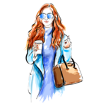 Mulher com cabelo ondulado e ruivo, usando óculos escuros, segurando um copo de café e uma bolsa marrom, vestindo uma blusa azul e um casaco claro, retratada em estilo artístico.