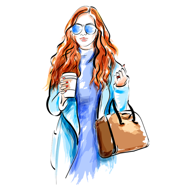 Mulher com cabelo ondulado e ruivo, usando óculos escuros, segurando um copo de café e uma bolsa marrom, vestindo uma blusa azul e um casaco claro, retratada em estilo artístico.