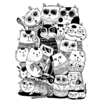 Ilustração em preto e branco de uma coleção divertida de gatos estilizados, com diferentes expressões e padrões, empilhados de forma criativa em um fundo verde. Ideal para amantes de gatos e arte divertida.