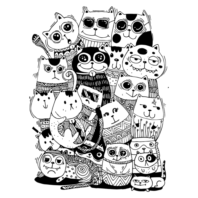 Ilustração em preto e branco de uma coleção divertida de gatos estilizados, com diferentes expressões e padrões, empilhados de forma criativa em um fundo verde. Ideal para amantes de gatos e arte divertida.